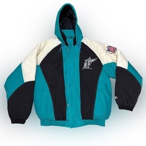 Vintage 90s Florida Marlins Starter Puffer Jacket Mens Lg Baseball MLB Hooded
